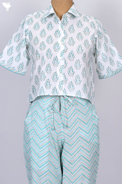 Cambric Cotton Button Down Crop Top In Floral Block Print