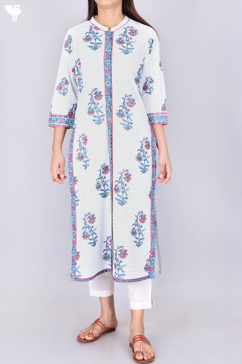 Cambric Cotton Button Down Kurta with Floral Block Print