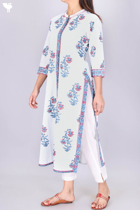 Cambric Cotton Button Down Kurta with Floral Block Print