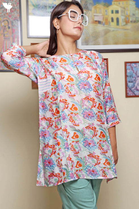 Chanderi Silk Pleated Tunic In Floral Block Print
