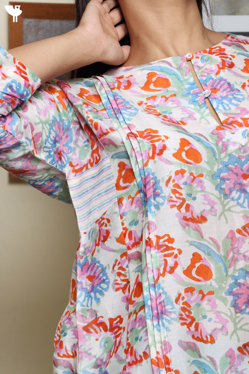 Chanderi Silk Pleated Tunic In Floral Block Print