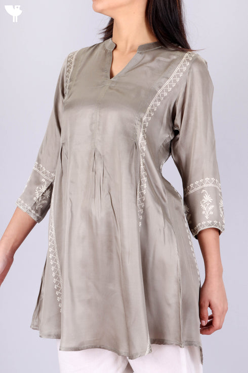 Satin Paneled Top With Discharge Block Print