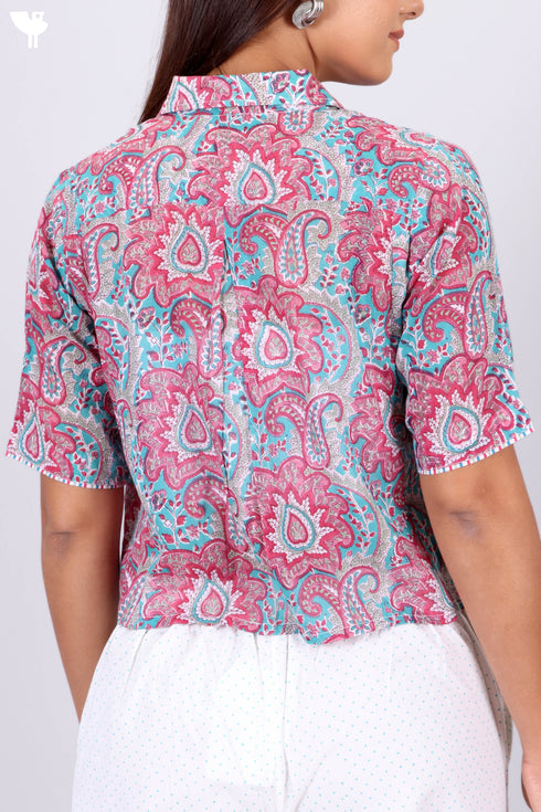 Mulmul Cotton Cropped Shirt In PaisleyBlock Print