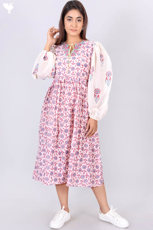 Cotton Silk Midi Peasant Dress With Floral Block Print