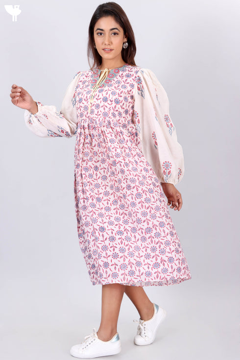 Cotton Silk Midi Peasant Dress With Floral Block Print