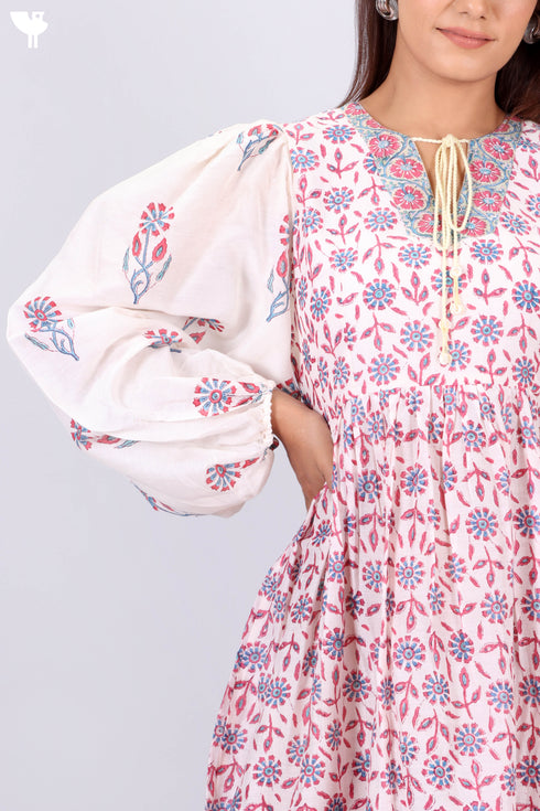 Cotton Silk Midi Peasant Dress With Floral Block Print