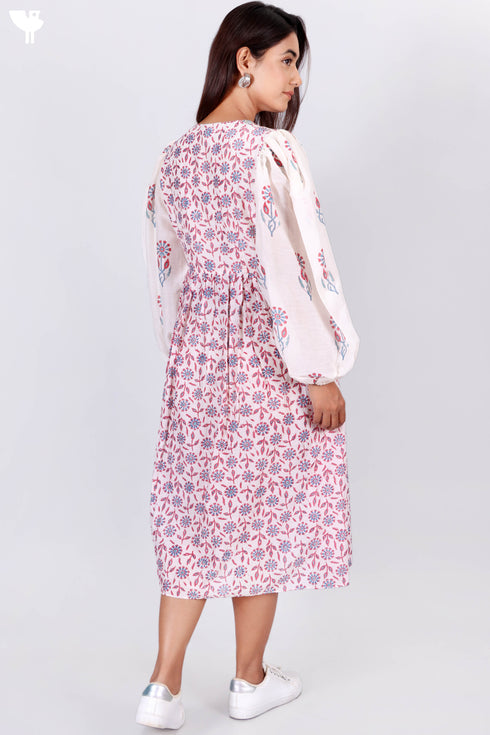 Cotton Silk Midi Peasant Dress With Floral Block Print