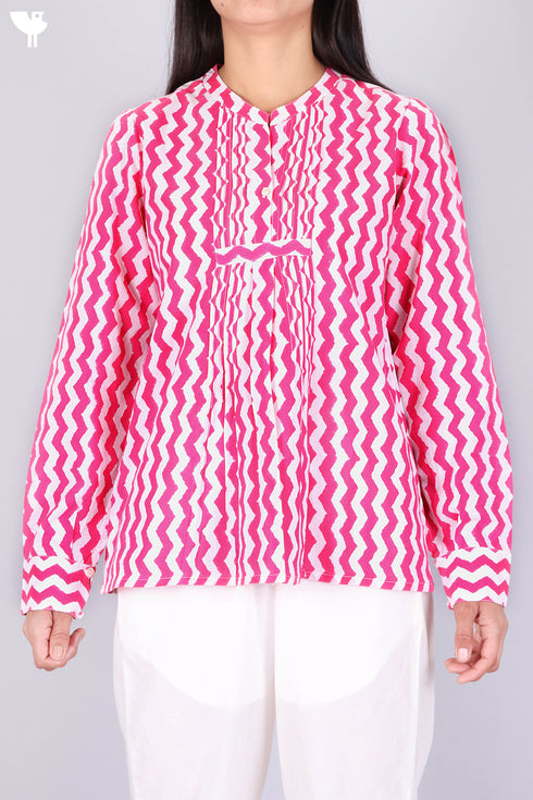 Cambric Cotton Top In Zigzag Block Print