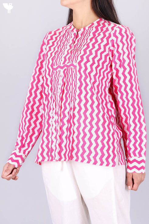 Cambric Cotton Top In Zigzag Block Print