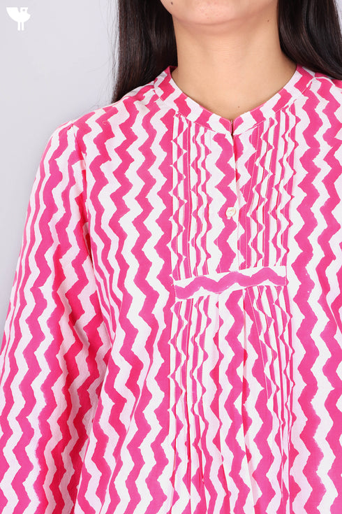 Cambric Cotton Top In Zigzag Block Print