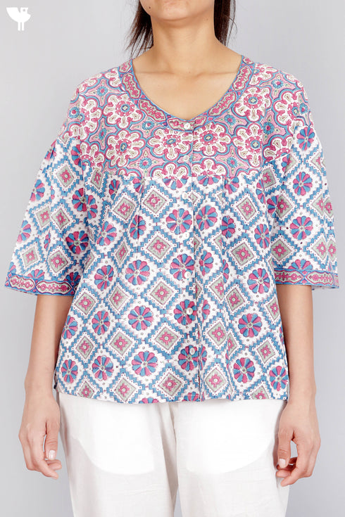 Cambric Cotton Button Down Blouse In Assorted Block Print