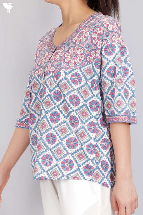 Cambric Cotton Button Down Blouse In Assorted Block Print