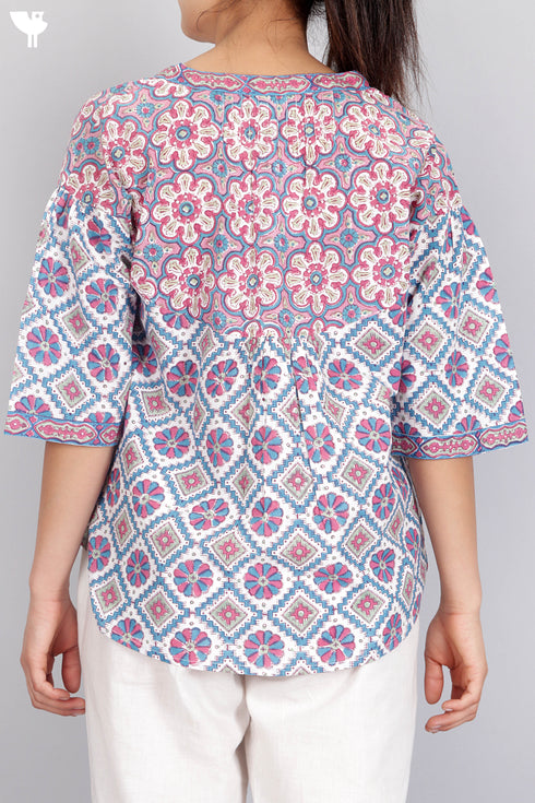Cambric Cotton Button Down Blouse In Assorted Block Print