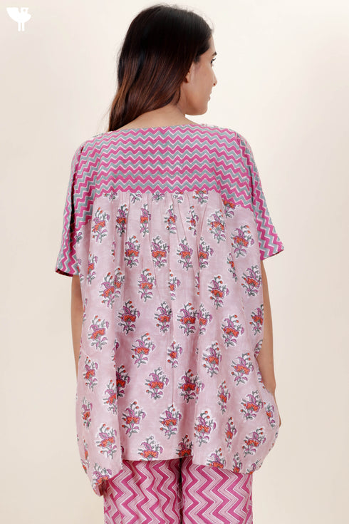 Cotton Silk Vintage Top In Floral Block Print