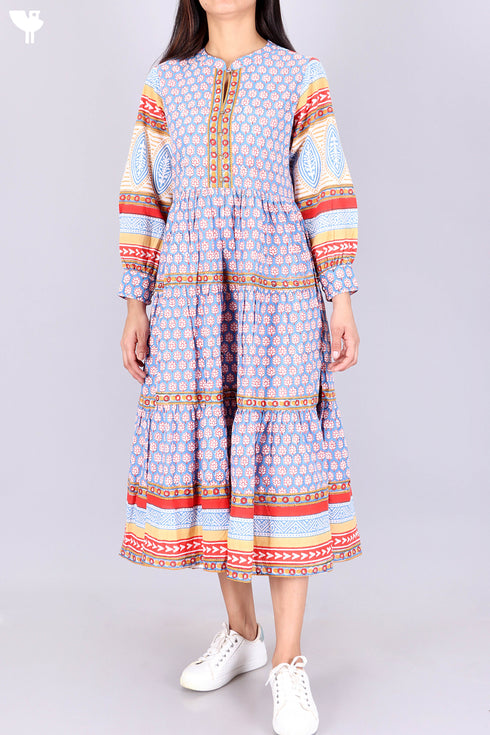 Cambric Cotton Tiered Dress In Assorted Block Print