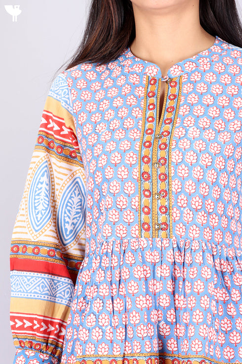 Cambric Cotton Tiered Dress In Assorted Block Print