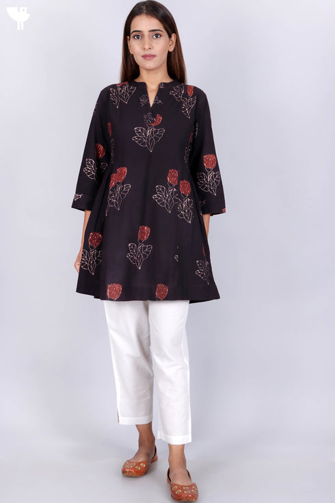 Cambric Cotton Pleated Shirt In Floral Block Print