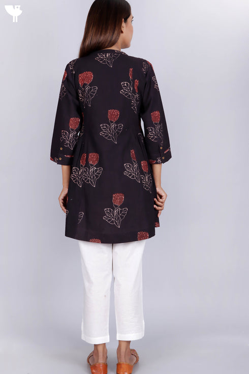Cambric Cotton Pleated Shirt In Floral Block Print