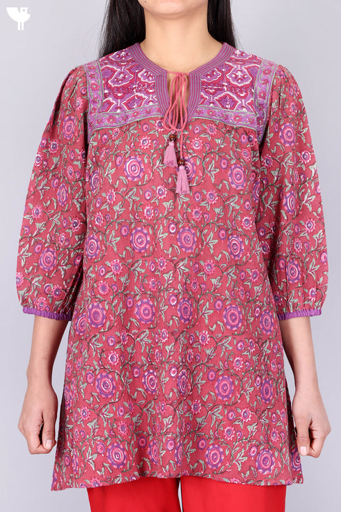 Cotton Crepe Peasant Top In Floral Block Print