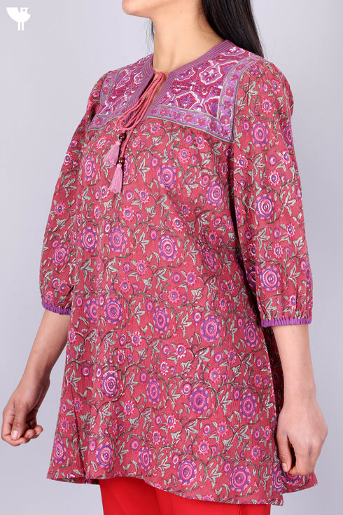 Cotton Crepe Peasant Top In Floral Block Print