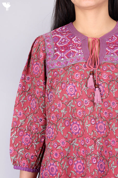 Cotton Crepe Peasant Top In Floral Block Print