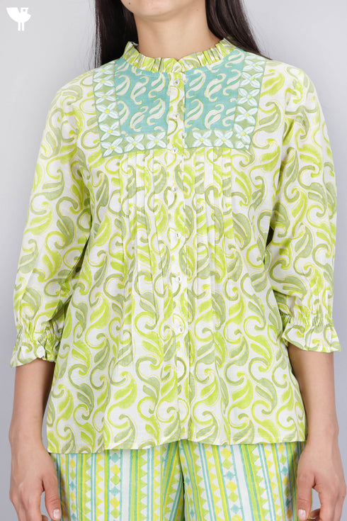 Slub Cotton Pintucked Top In Block Print