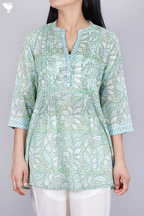 Mulmul Cotton Top In Floral Block Print