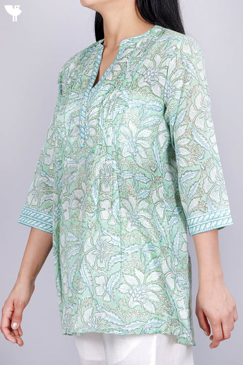 Mulmul Cotton Top In Floral Block Print