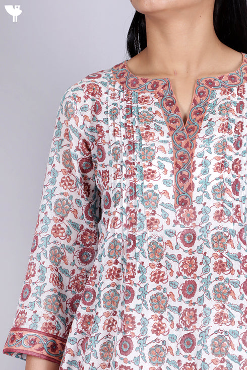 Mulmul Cotton Pintuck Top In Floral Block Print