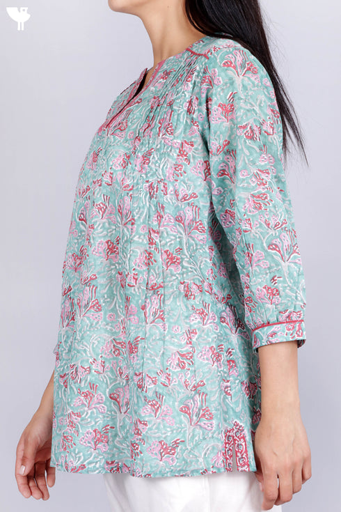 Mulmul Cotton Top In Floral Block Print