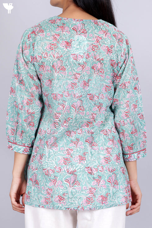 Mulmul Cotton Top In Floral Block Print