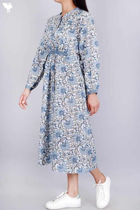 Cotton Silk Midi Dress With Floral Block Print