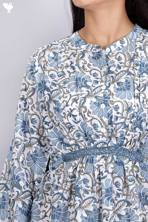 Cotton Silk Midi Dress With Floral Block Print