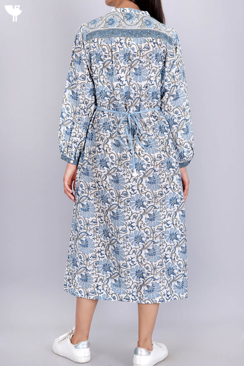 Cotton Silk Midi Dress With Floral Block Print