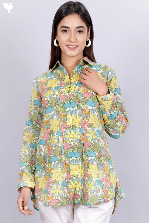 Mulmul Cotton Pleated Shirt In Floral Block Print