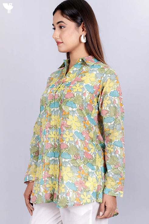 Mulmul Cotton Pleated Shirt In Floral Block Print