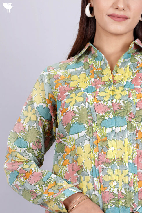 Mulmul Cotton Pleated Shirt In Floral Block Print