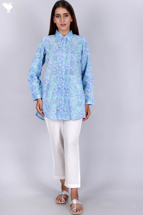 Mulmul Cotton Pleated Shirt In Floral Block Print