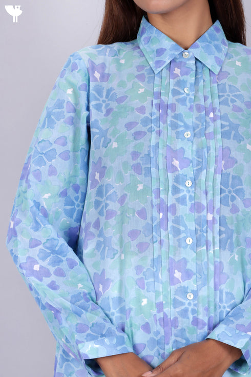 Mulmul Cotton Pleated Shirt In Floral Block Print