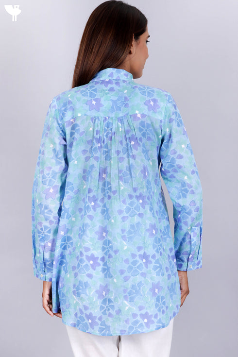 Mulmul Cotton Pleated Shirt In Floral Block Print