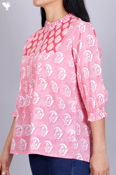 Mulmul Cotton Top In Floral Block Print