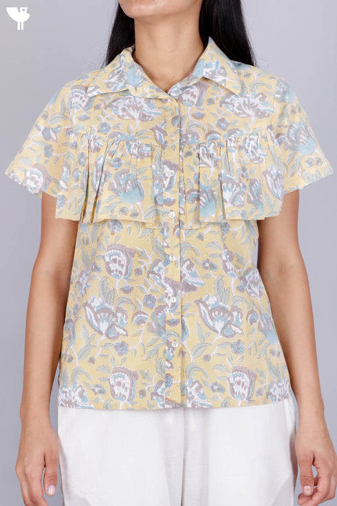 Cambric Cotton Button Down Top In Floral Block Print