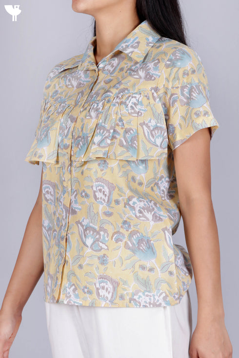 Cambric Cotton Button Down Top In Floral Block Print