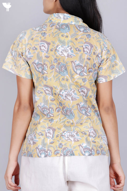 Cambric Cotton Button Down Top In Floral Block Print