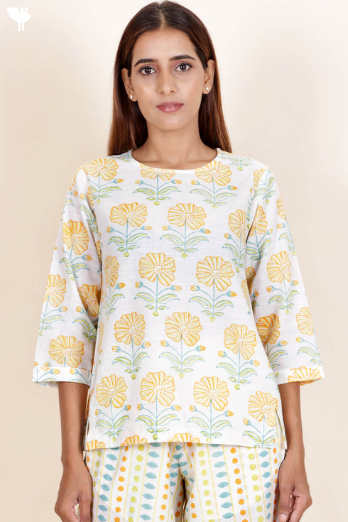 Slub Cotton Top In Floral Block Print