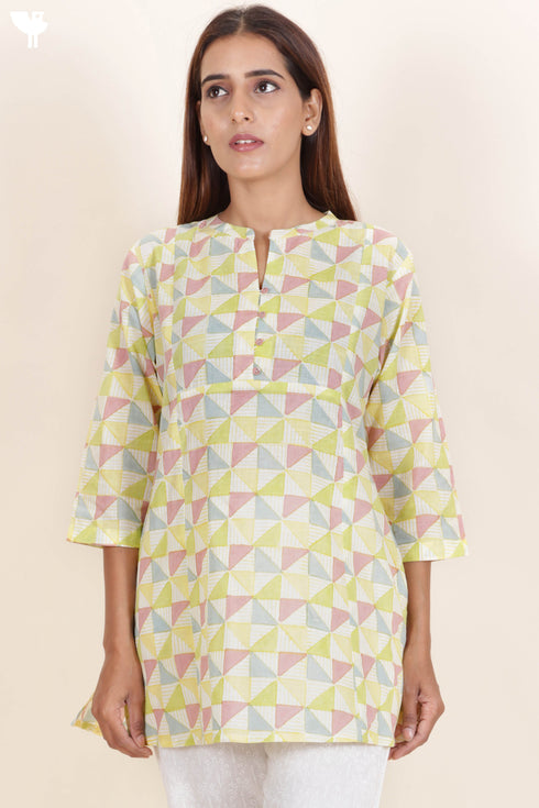 Slub Cotton Top In Geometric Block Print