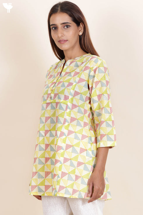 Slub Cotton Top In Geometric Block Print
