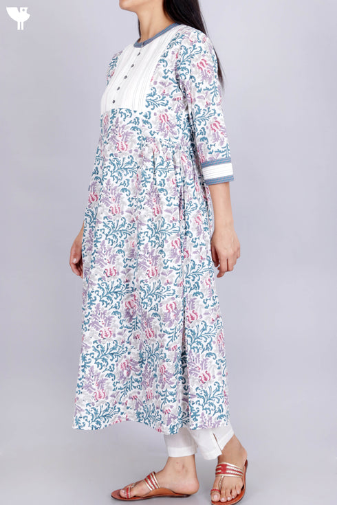 Cambric Cotton Dress With Floral Block Print