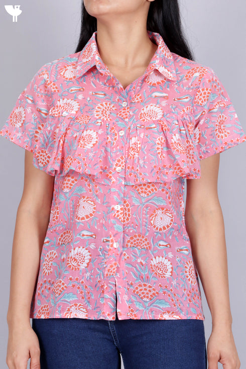 Cambric Cotton Button Down Top In Floral Block Print