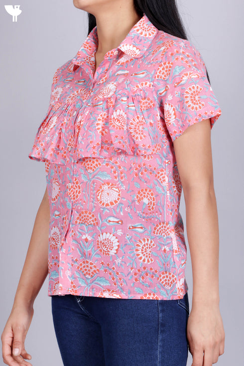 Cambric Cotton Button Down Top In Floral Block Print